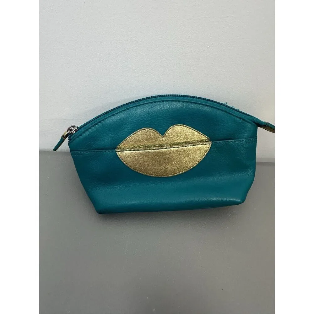 ili New York Hot Lips Cosmetic Case Turquoise‎ /Gold RFID Blocking Leather #30